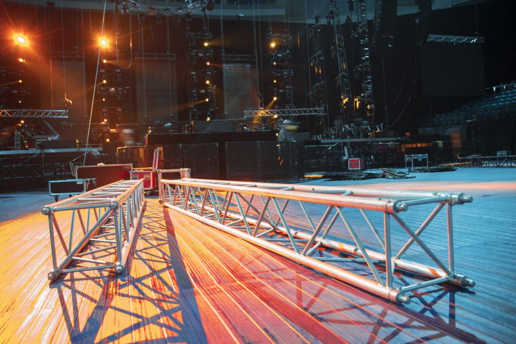 Preparing the stage for a concert in the open air.